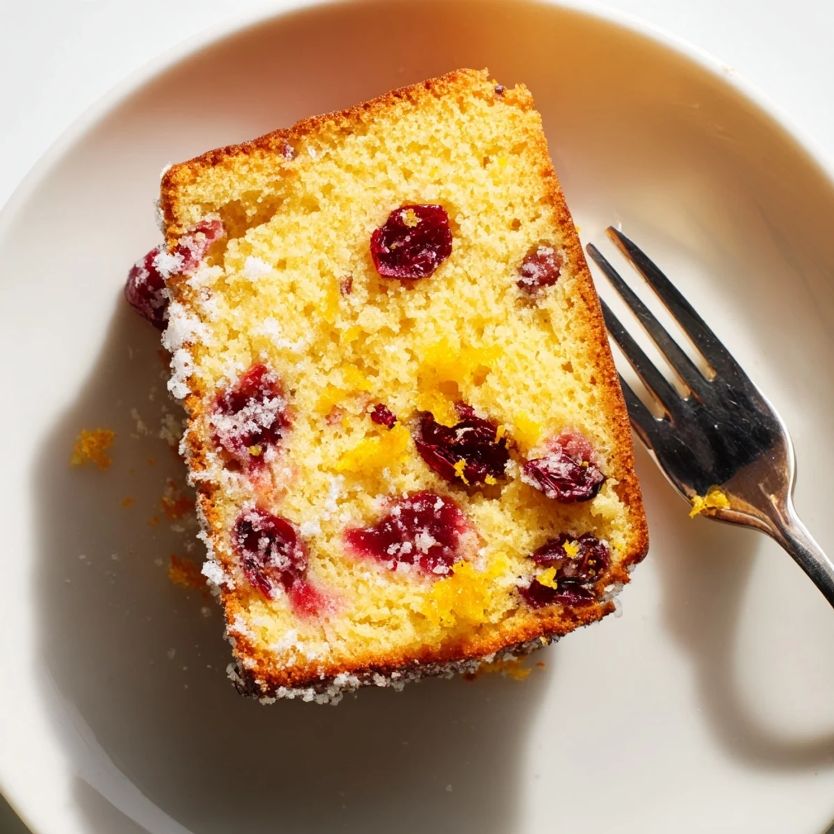 Moist cranberry cake slices are served on a white plate with a dollop of whipped cream. 