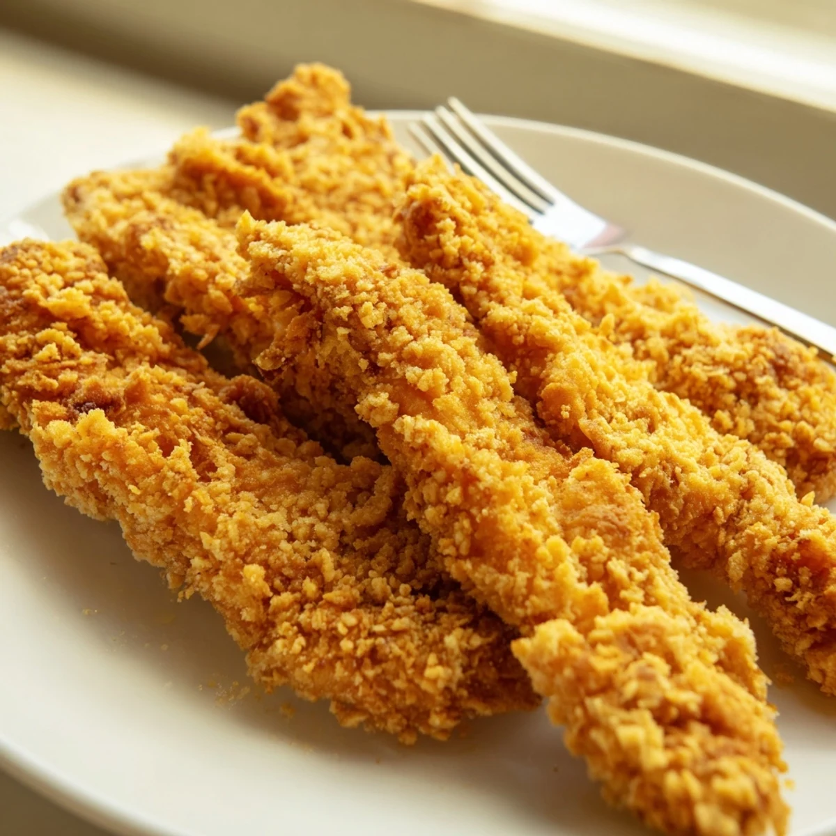 Crispy golden Panko Crusted Chicken Strips stacked high on a white plate, ready for dipping.