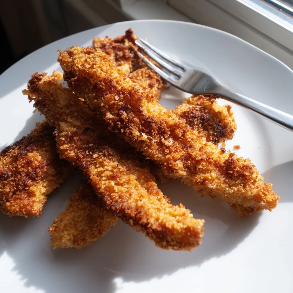 Golden brown Panko Crusted Chicken Strips served hot with a side of honey mustard sauce.