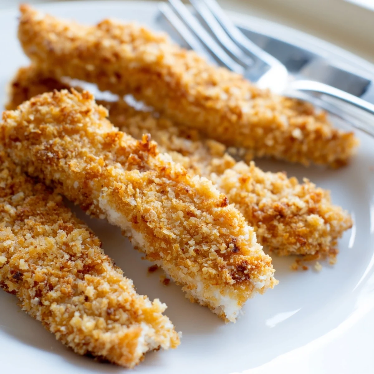 A close-up of crunchy Panko Crusted Chicken Strips beside a bowl of ranch for snacking.