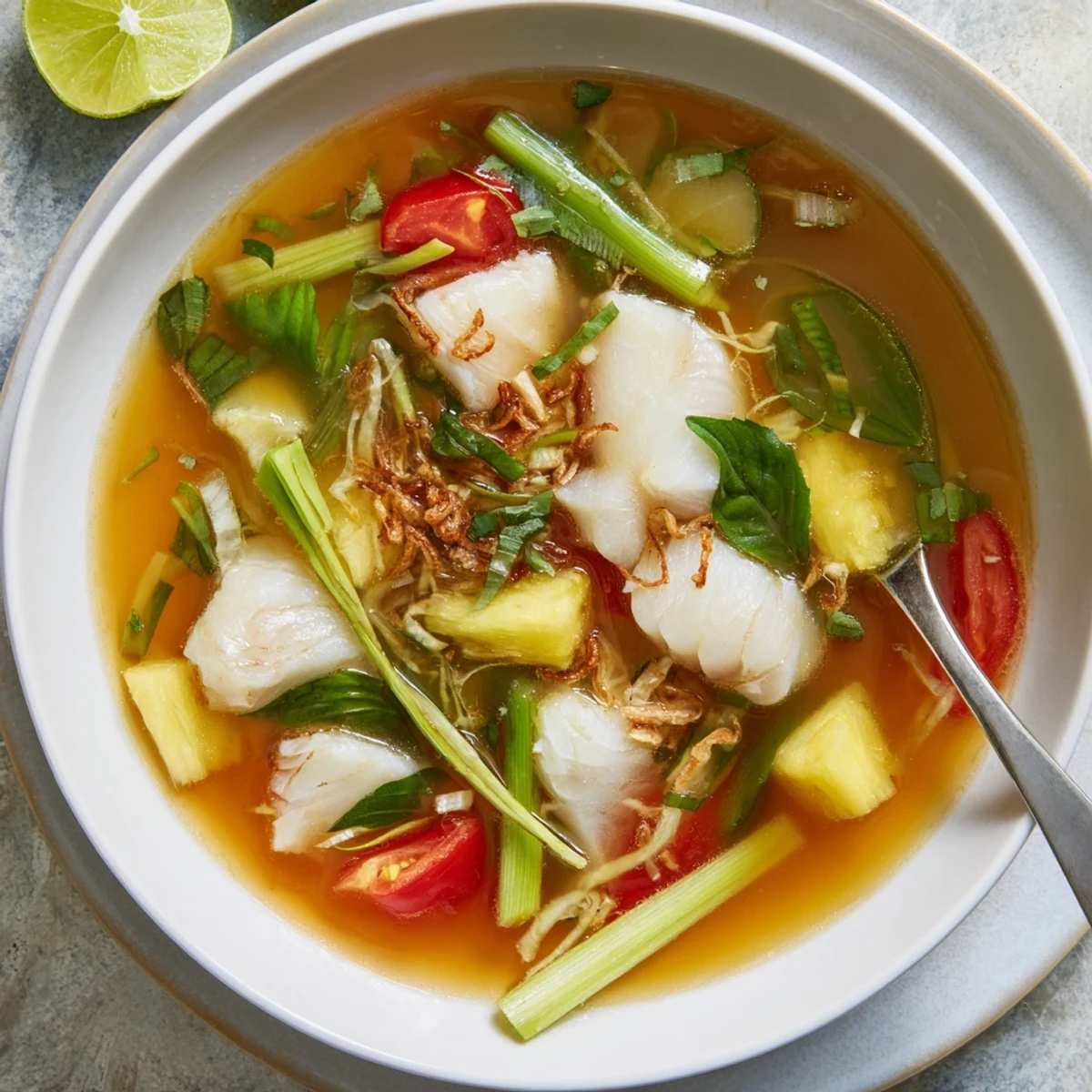 Close-up of Modern Canh Chua sour soup showing tender fish pieces, tomatoes, and bright aromatics.