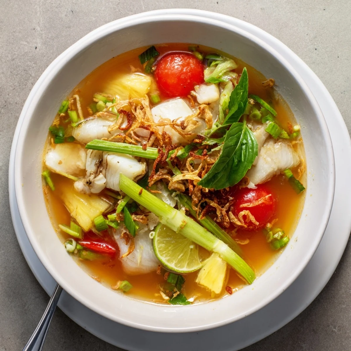 Steaming bowl of Modern Canh Chua with white fish, pineapple, and bean sprouts garnished with fresh herbs.