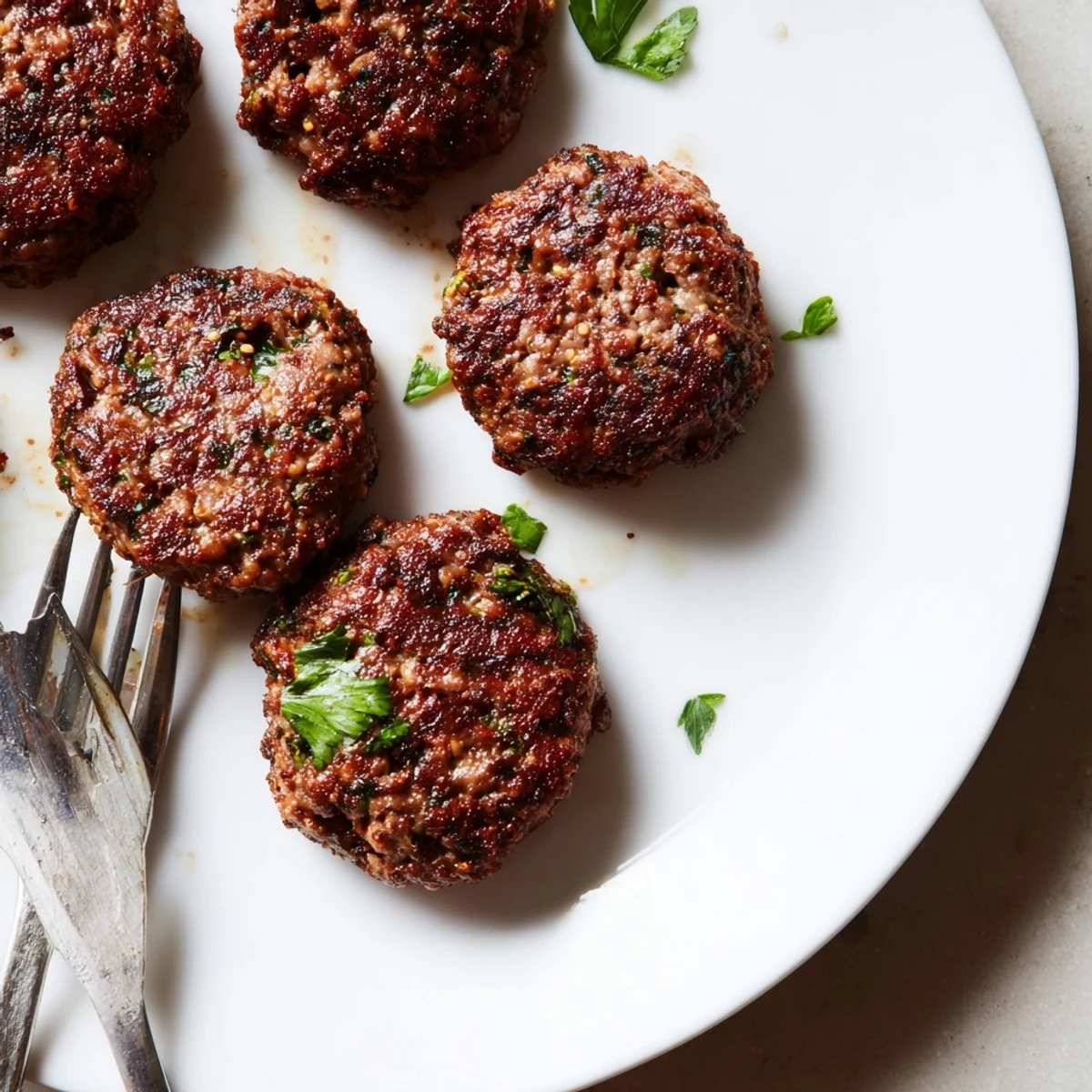 Juicy spiced lamb riscoles and roasted sweet potato salad topped with crumbled feta and crunchy pepitas served on a rustic plate.