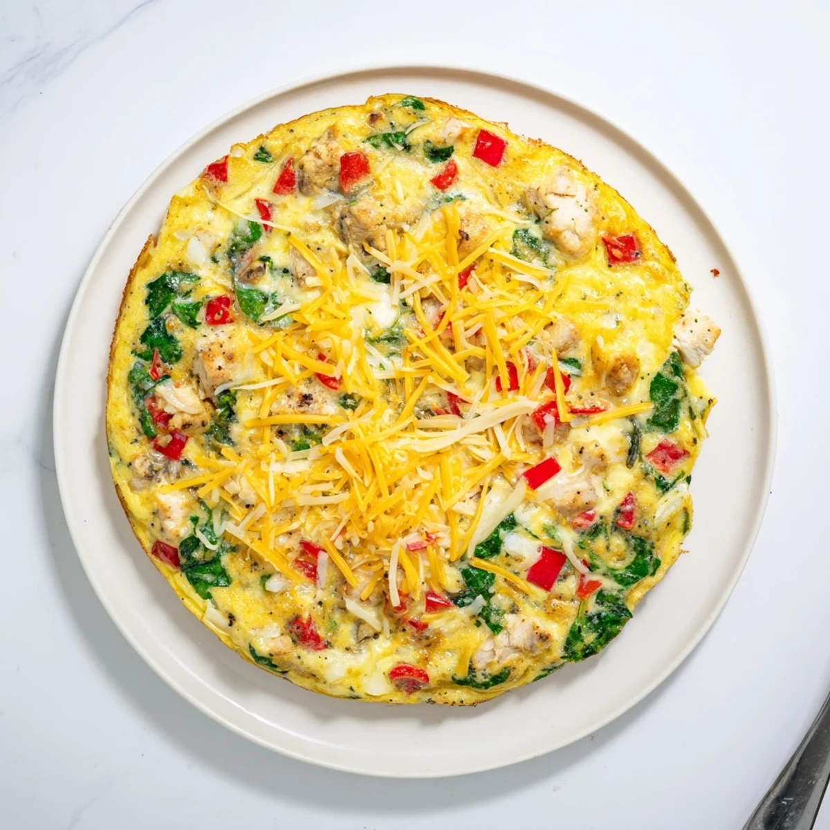 Golden-brown slices of Chicken and Vegetable Frittata, loaded with diced chicken, spinach, and bell peppers on a rustic plate.