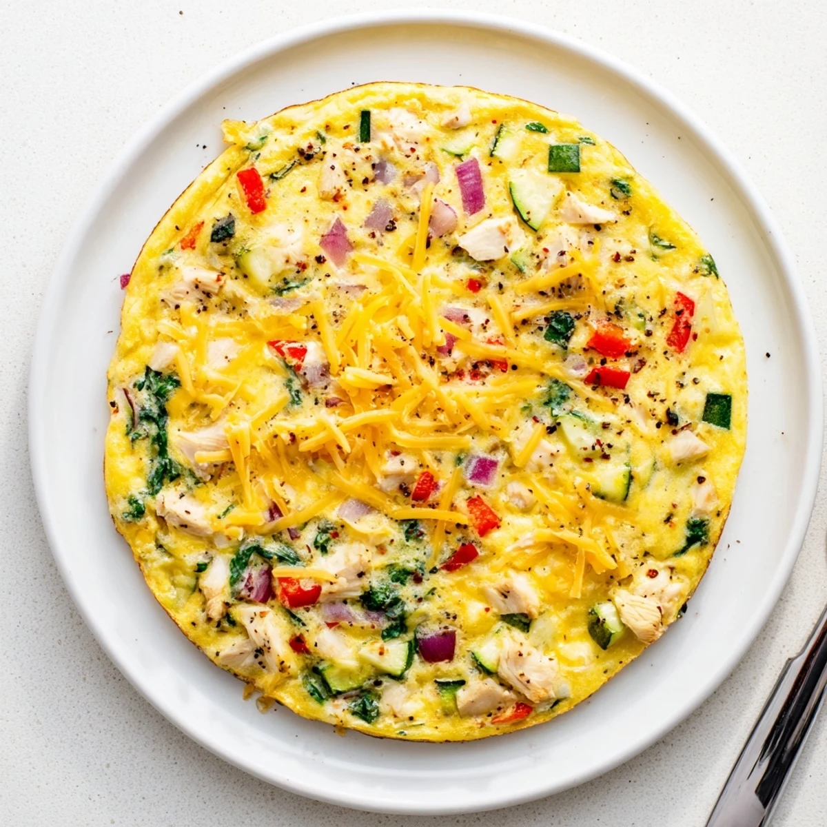 A close-up of a savory Chicken and Vegetable Frittata featuring bubbly melted cheese and vibrant vegetables fresh from the oven.