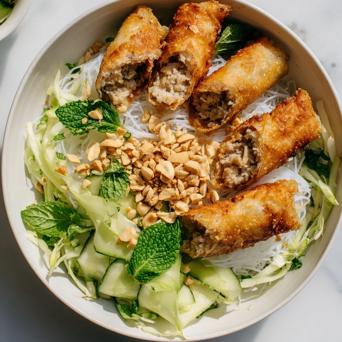 Fresh Bun Cha Gio is served in a white bowl with crispy fried spring rolls layered over rice vermicelli noodles and colorful herbs.  