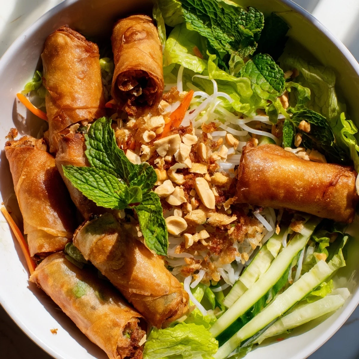 A close-up of Bun Cha Gio shows golden spring rolls nestled among fresh lettuce, cucumber slices, bean sprouts, and mint leaves.  
