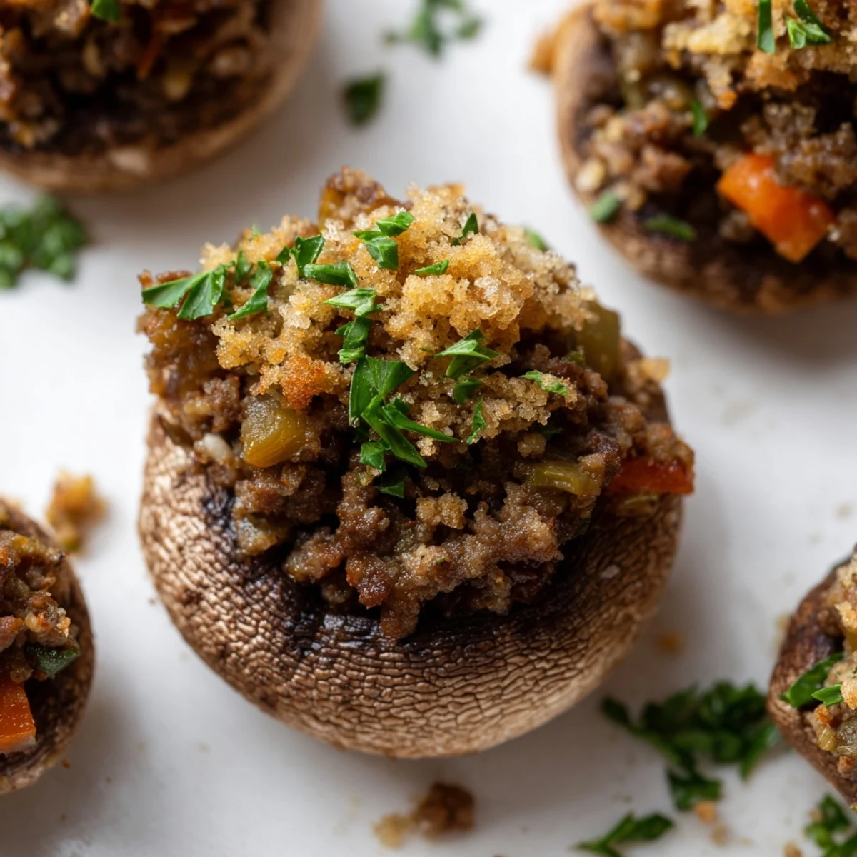 A close-up of Savoury Mince Stuffed Mushrooms on a baking tray, featuring juicy portobello caps and aromatic beef mince.