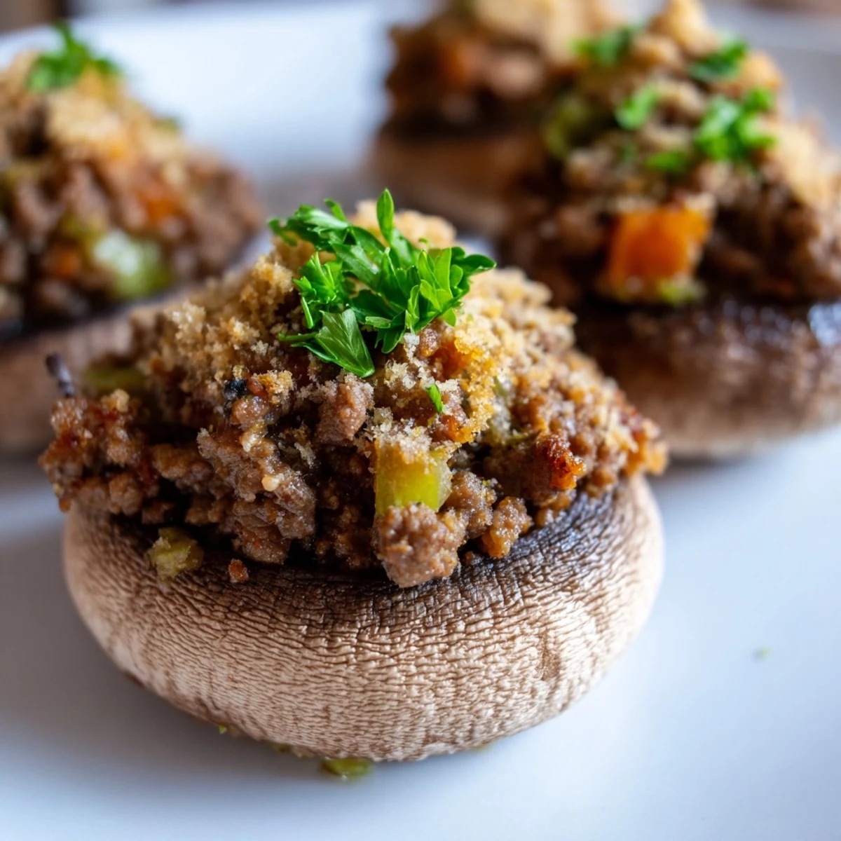 Golden-brown Savoury Mince Stuffed Mushrooms with herbed beef filling and crispy breadcrumbs, served fresh from the oven.