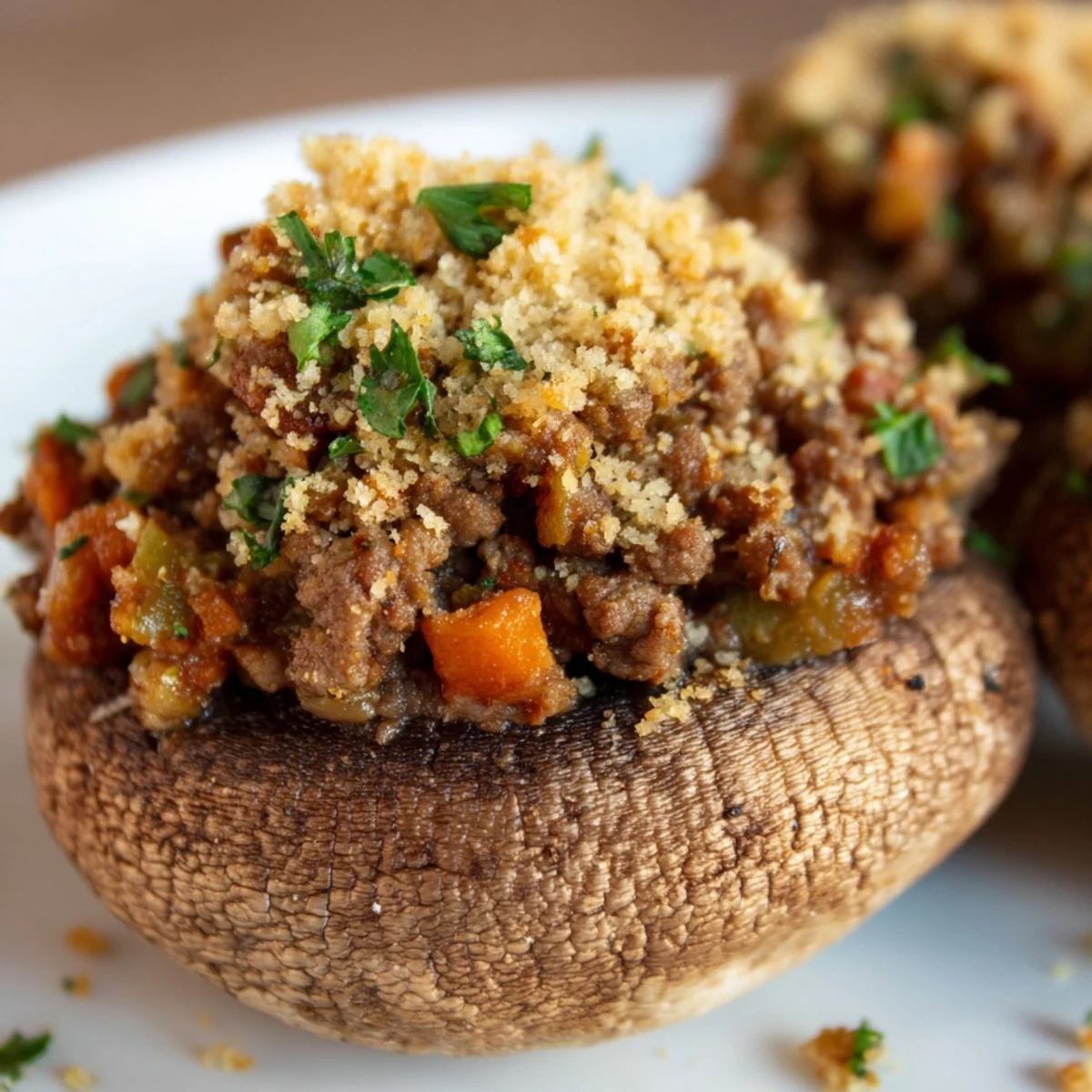Appetizer plate of Savoury Mince Stuffed Mushrooms, garnished with parsley, ready to serve alongside a fresh salad.