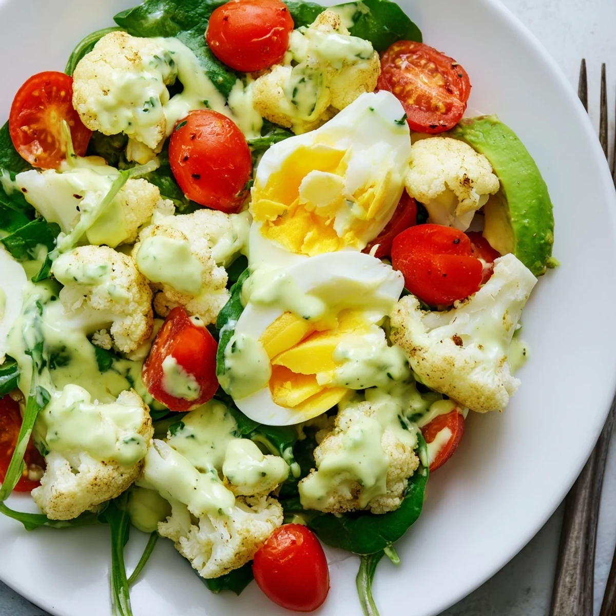 Golden roasted cauliflower florets, halved hard-boiled eggs, and vibrant cherry tomatoes sit on fresh spinach, all drizzled with creamy avocado dressing for a healthy Roast Cauliflower and Egg Salad with Avocado Dressing.