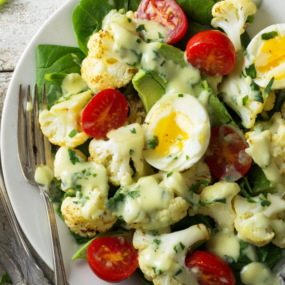 A close-up of the Roast Cauliflower and Egg Salad with Avocado Dressing shows textured cauliflower, bright greens, and sliced eggs topped with sunflower seeds, ideal for a gluten-free vegetarian lunch.