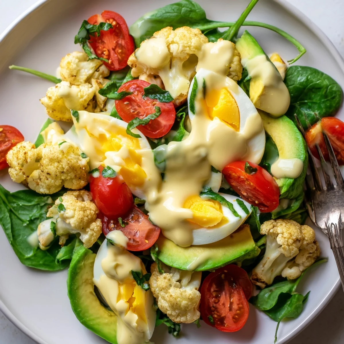 Served on a white platter, the Roast Cauliflower and Egg Salad with Avocado Dressing features warm roasted cauliflower, cool cucumber, and eggs with a vibrant green avocado yogurt sauce.