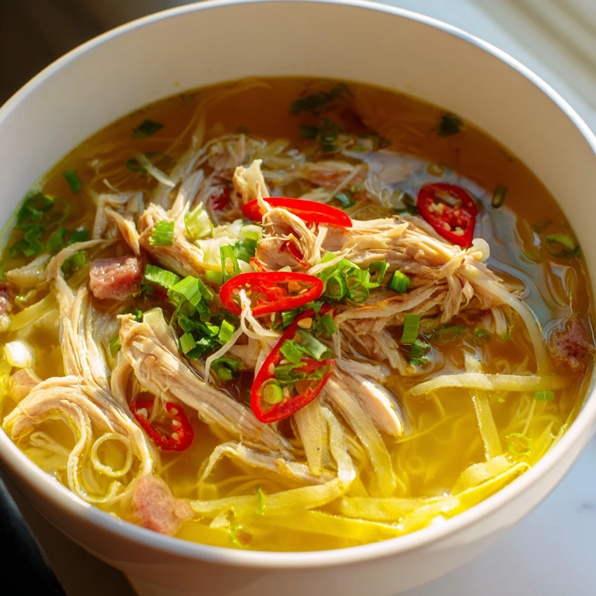 Steaming bowl of Bun Thang with shredded chicken, silky egg strips, and rice vermicelli in clear aromatic broth.