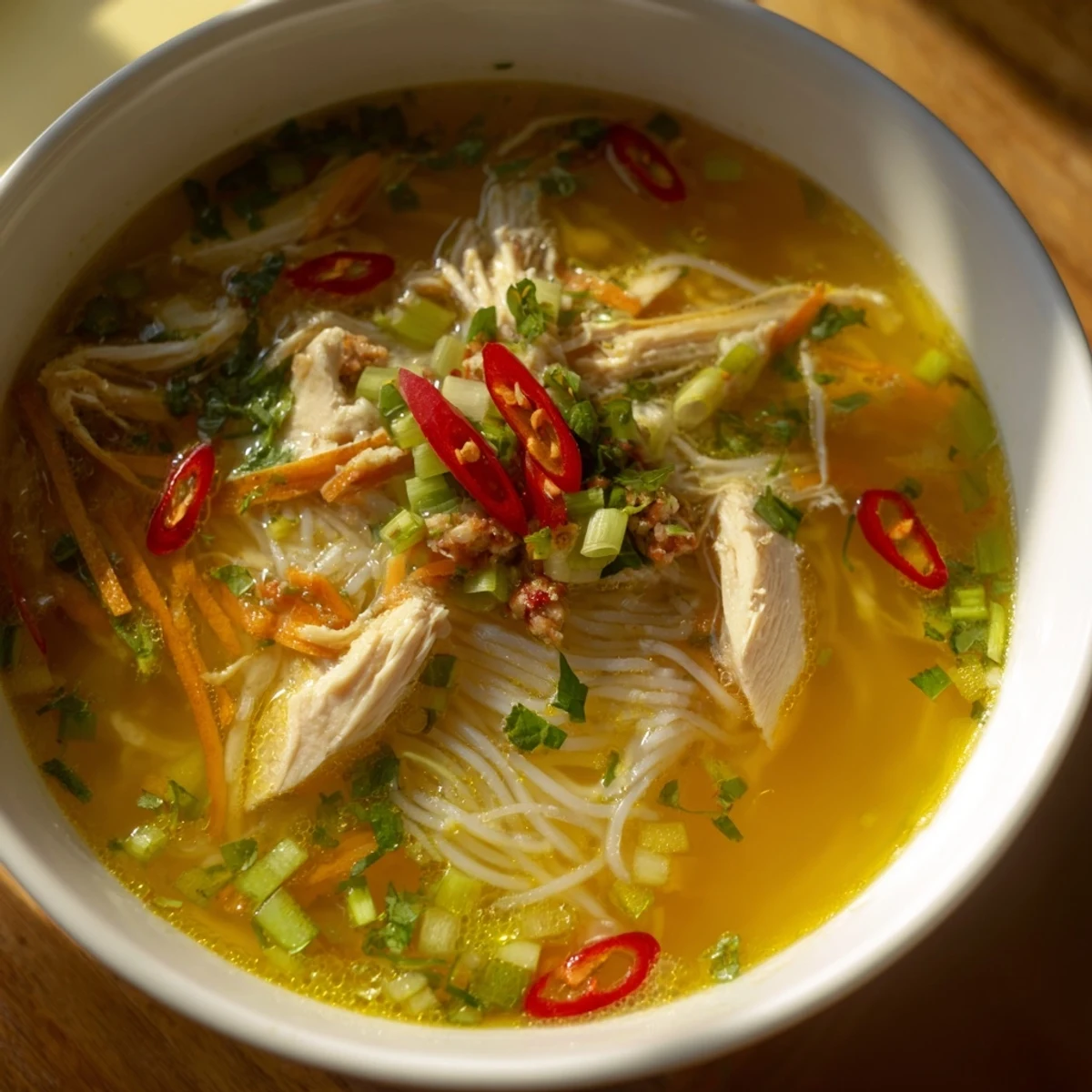Close-up of Bun Thang highlighting tender chicken, egg ribbons, and rice noodles in rich golden broth.