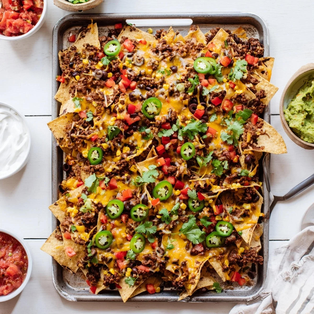 Golden-brown Family Nachos Tray Bake with melted cheddar and Monterey Jack cheese bubbling over seasoned beef, black beans, and fresh toppings.