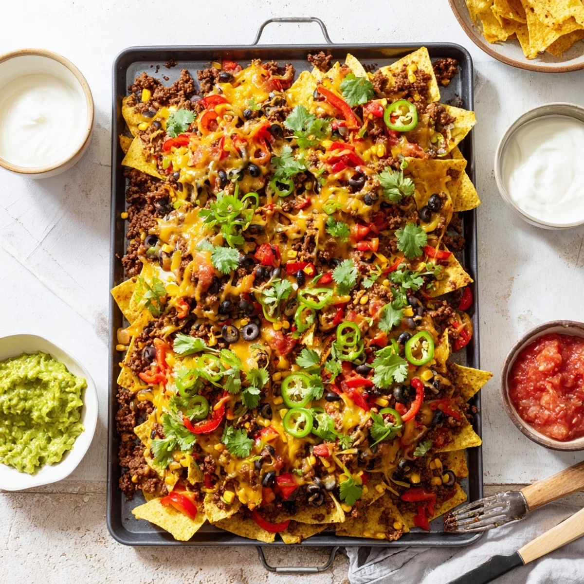 A close-up of Family Nachos Tray Bake showing crispy tortilla chips layered with savory beef, colorful bell peppers, and melty cheese.