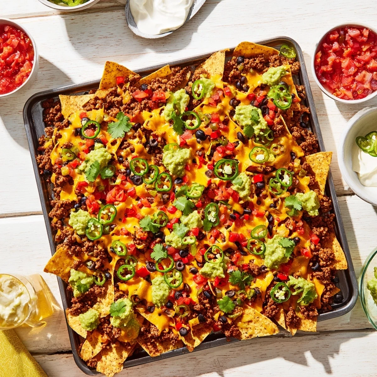 Family Nachos Tray Bake served hot from the oven on a large platter, garnished with jalapeños, cilantro, and dollops of sour cream.