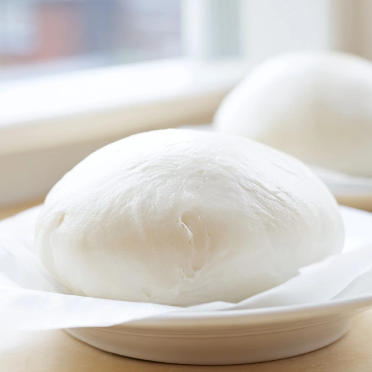 Soft Banh Bao bun with pork and egg on a plate, served as a delicious Vietnamese snack.