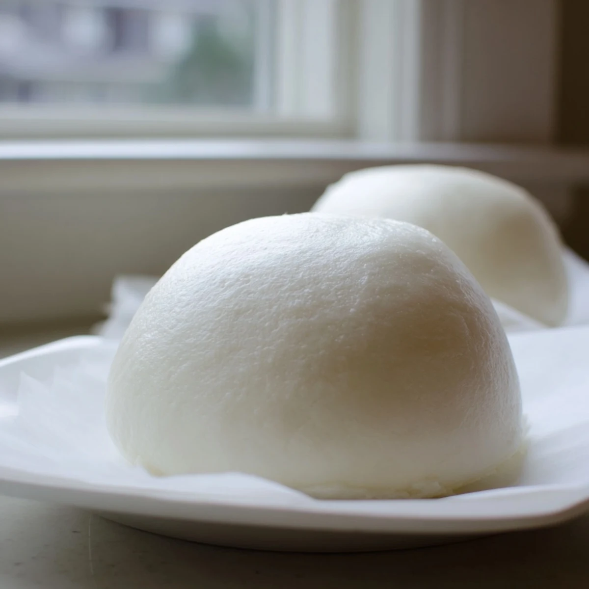 Steamed Banh Bao buns with minced pork, mushrooms, and egg quarters, a comforting Vietnamese street food bite.