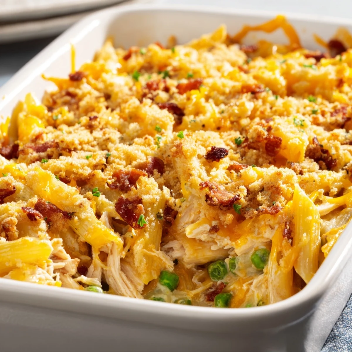 Crazy Good Casserole features creamy chicken, crumbled bacon, and peas in a rich cheesy sauce, served warm in a white dish.  