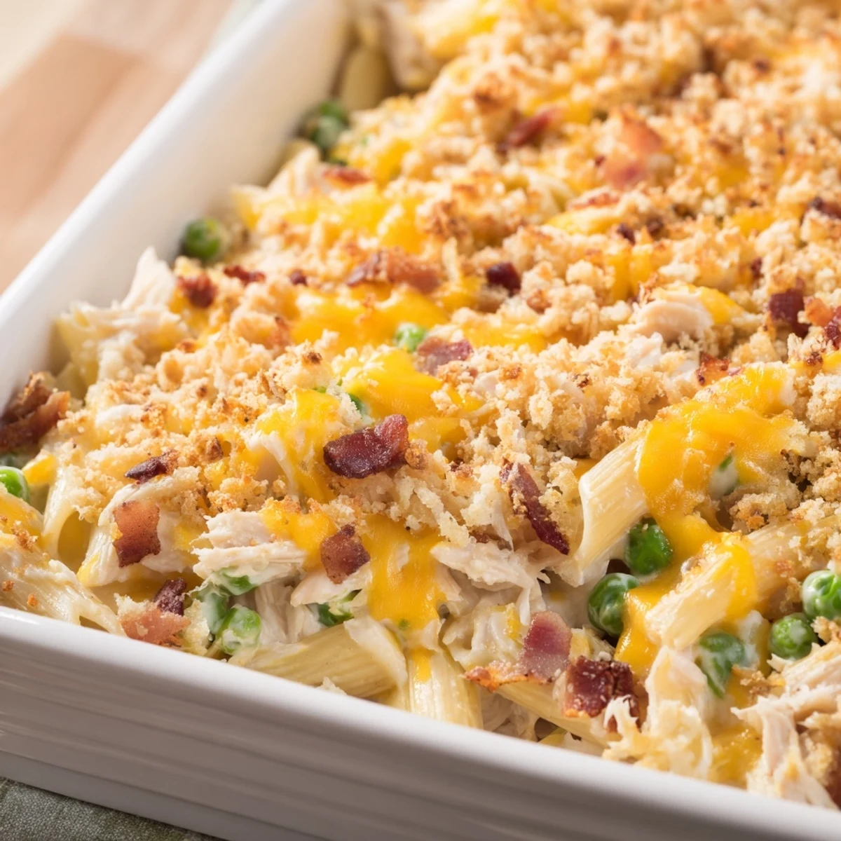 A close-up of Crazy Good Casserole, golden and bubbling, with melted cheddar and crispy panko topping over penne pasta.  