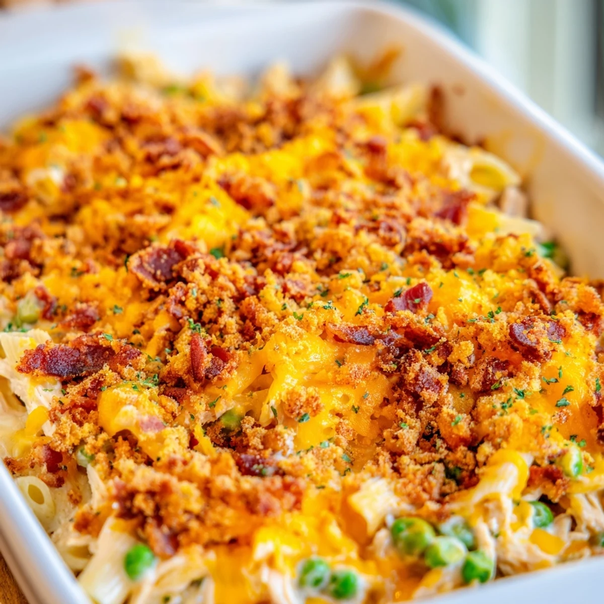 Top-down view of a 9x13-inch pan of Crazy Good Casserole, steam rising from the golden crust and melted cheese.