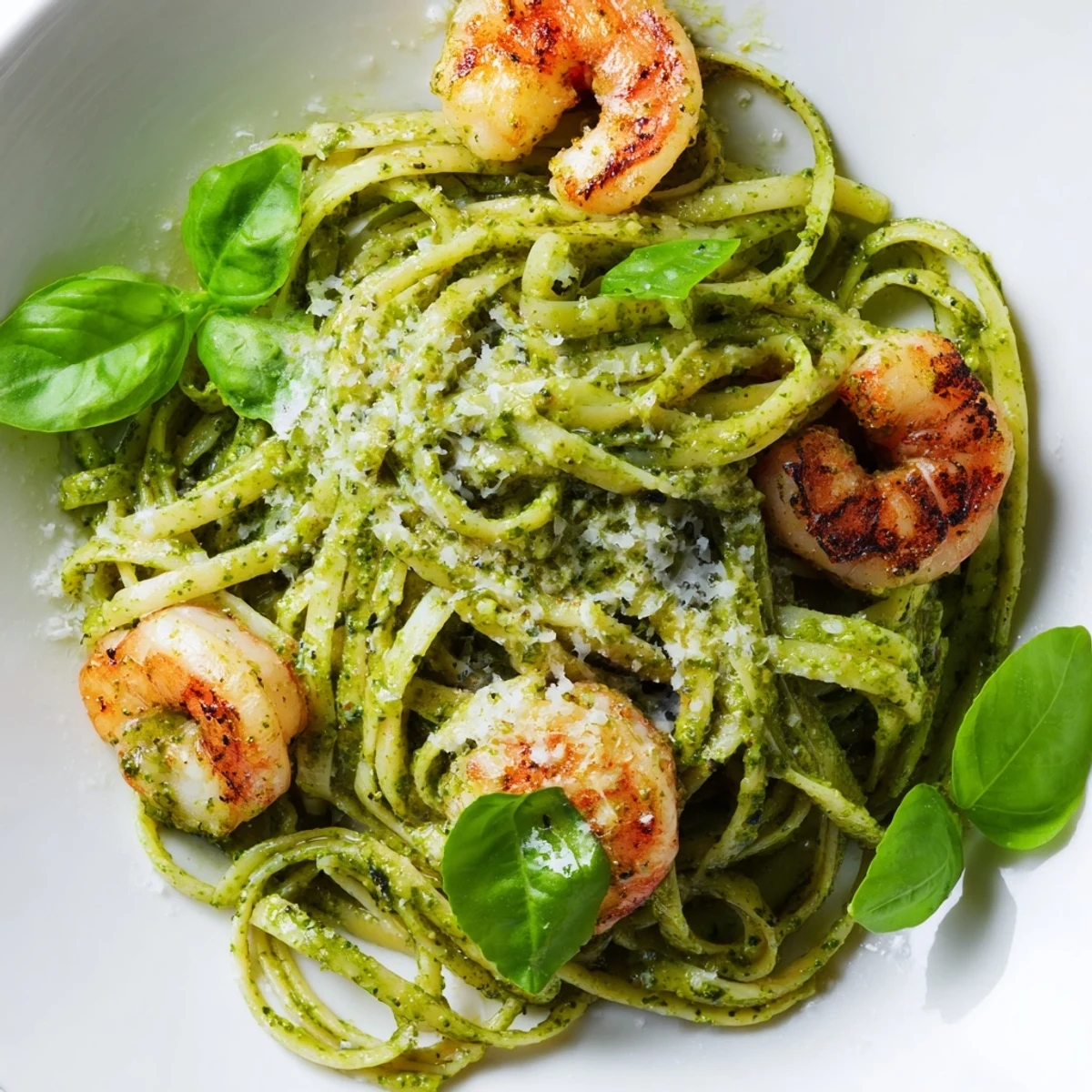 Perfectly stacked Pesto Pasta and Grilled Shrimp on a white plate garnished with basil.