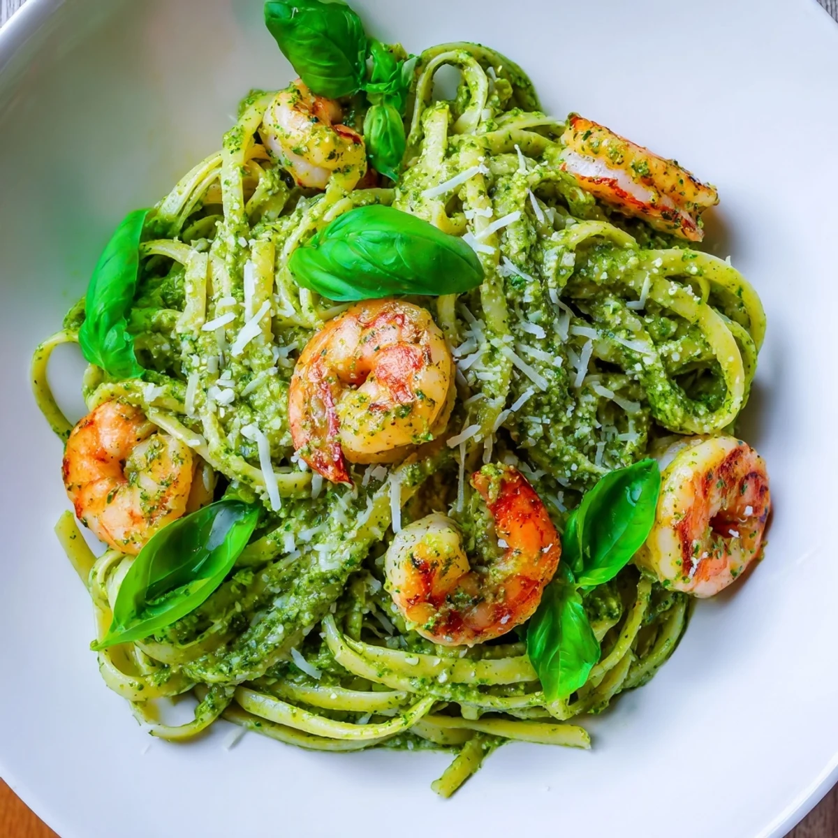 A close view of savory Pesto Pasta and Grilled Shrimp drizzled with olive oil.