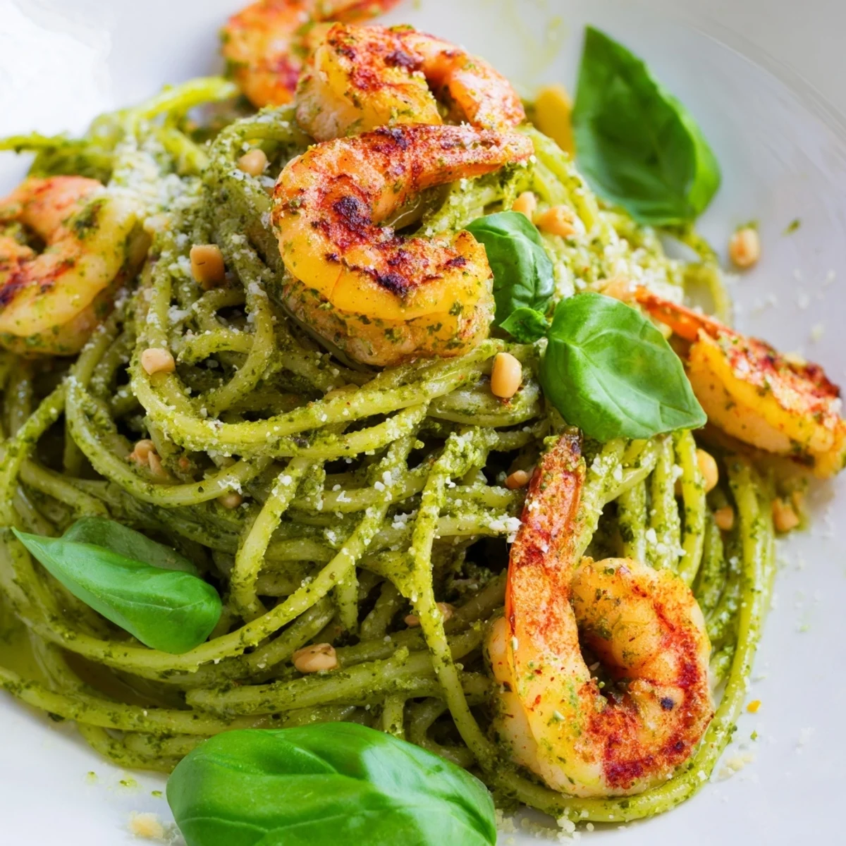 Tender grilled shrimp placed over linguine tossed in vibrant green basil pesto.