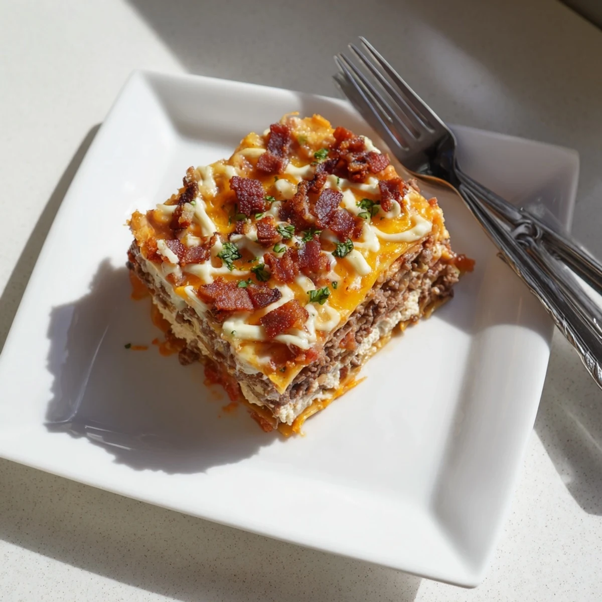 Golden bubbly layers of Lasagna Meets Cheeseburger Parmesan Garlic Bacon Style topped with crispy bacon crumbles.
