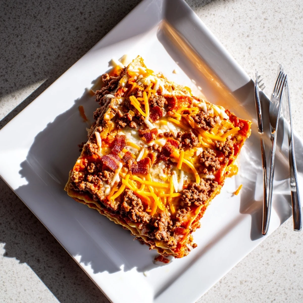Rich melted cheese and bacon garnish this bubbling pan of Lasagna Meets Cheeseburger Parmesan Garlic Bacon Style.