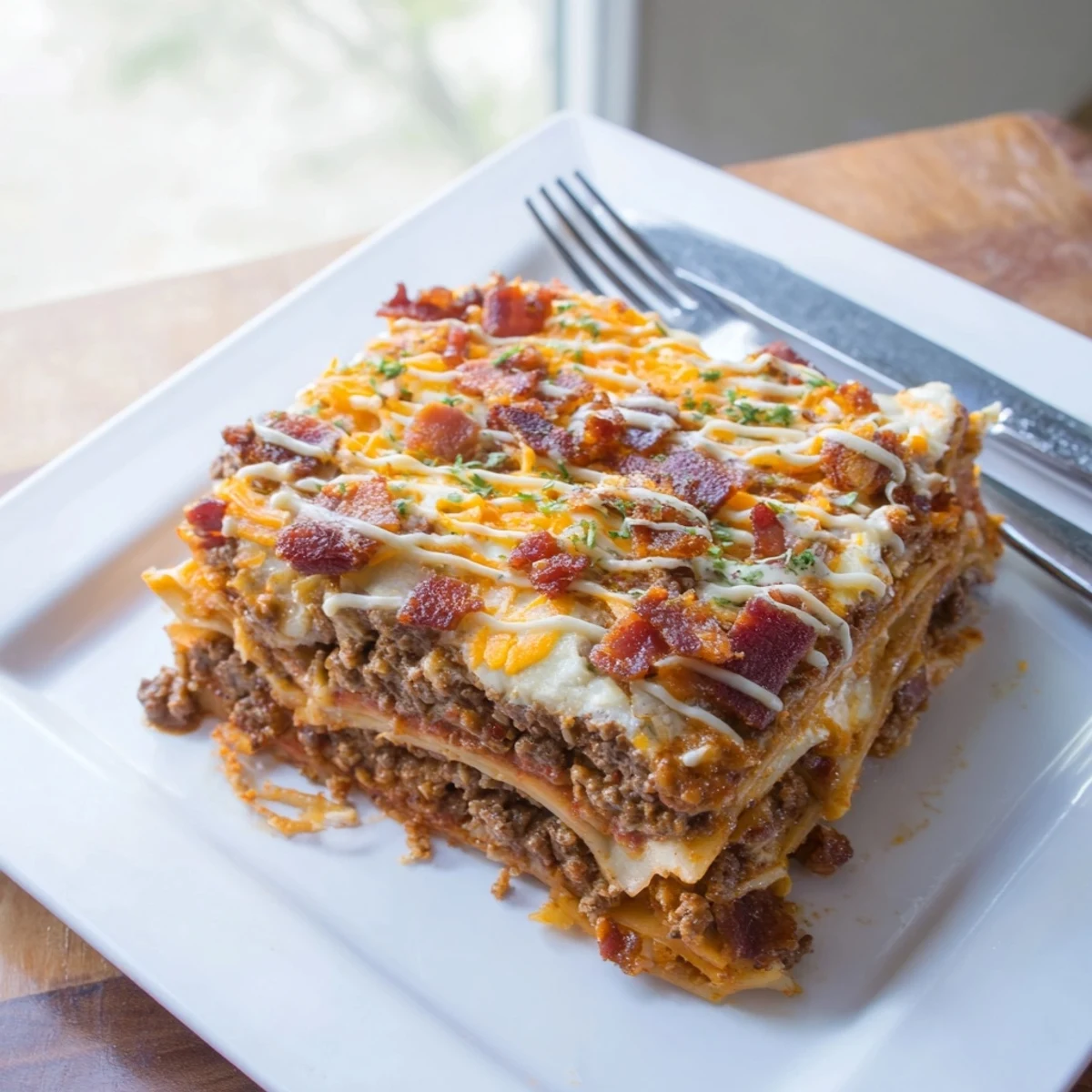 Hearty slices of Lasagna Meets Cheeseburger Parmesan Garlic Bacon Style served on a white plate with pickles.