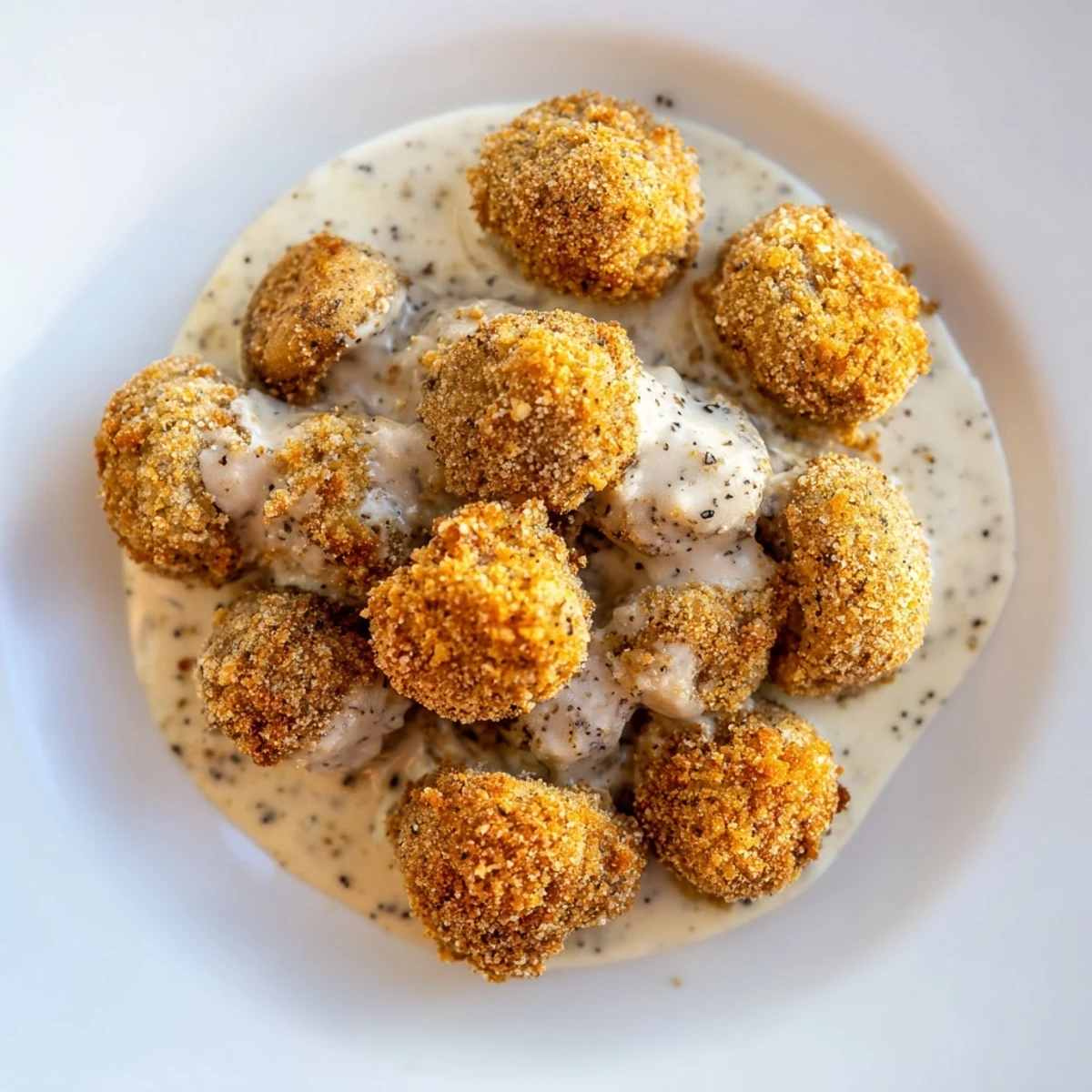 Golden fried Chicken Fried Mushrooms with creamy peppery gravy on a white plate, served hot alongside mashed potatoes.