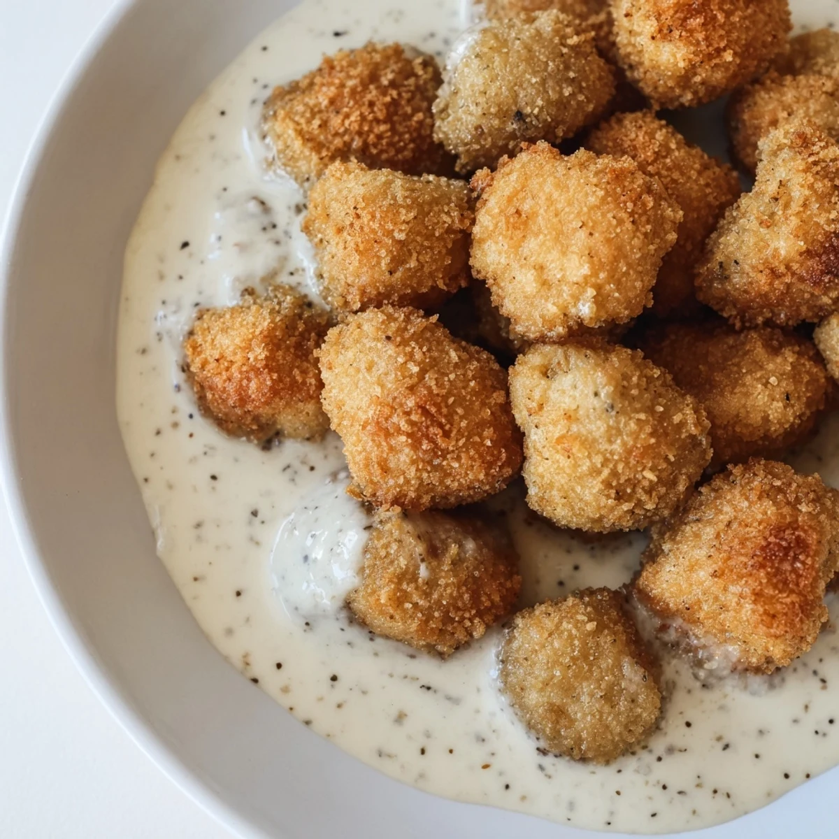 A close-up of crispy breaded Chicken Fried Mushrooms drizzled with rich gravy, garnished with fresh parsley on a rustic table.