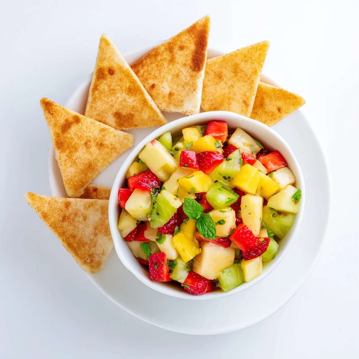 Bright, colorful fruit salsa with fresh mango, strawberry, and kiwi sits beside golden, crunchy cinnamon sugar tortilla chips ready for dipping at a party.