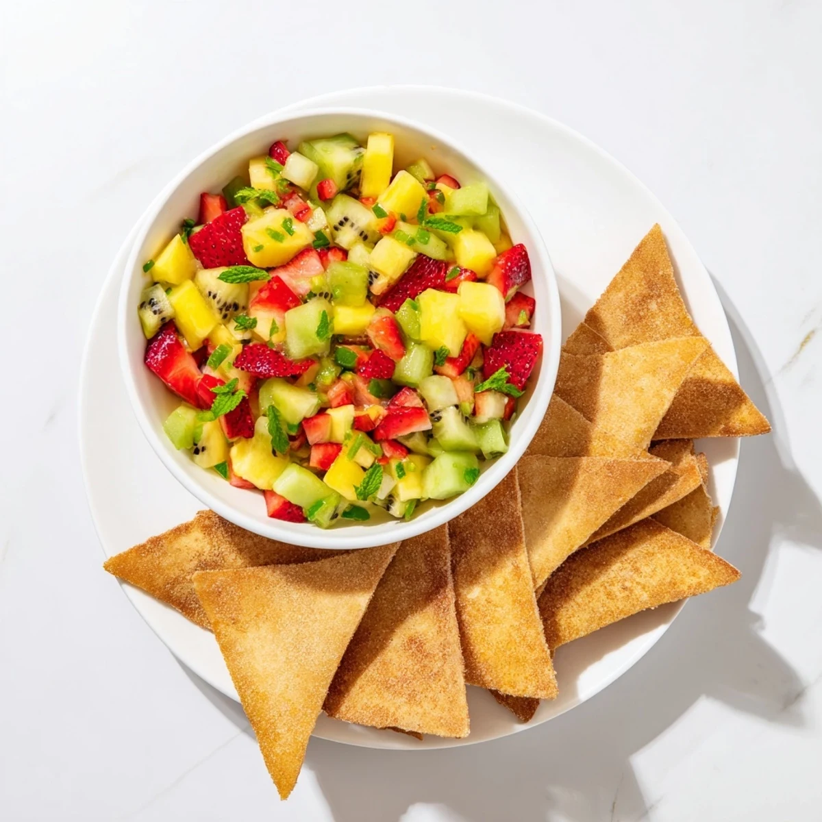 A close-up view shows a small white bowl of sweet fruit salsa next to a pile of crispy, cinnamon-dusted tortilla chip wedges on a rustic table.