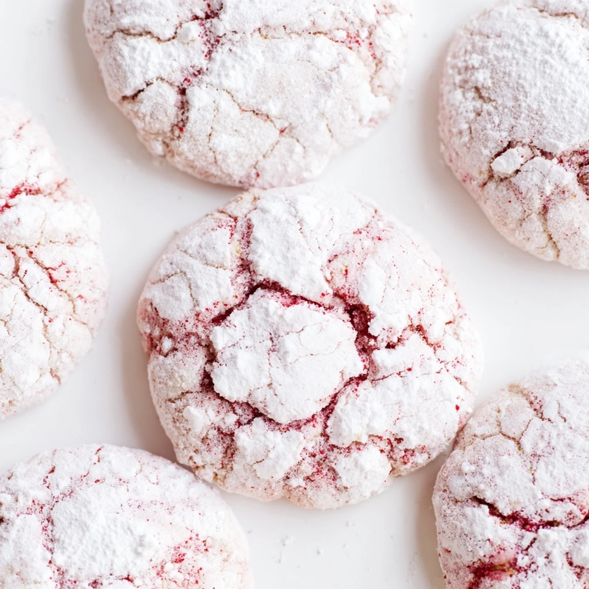 Freshly baked Easy 5 Ingredient Strawberry Crinkle Cookies displayed on a white plate next to a glass of milk.