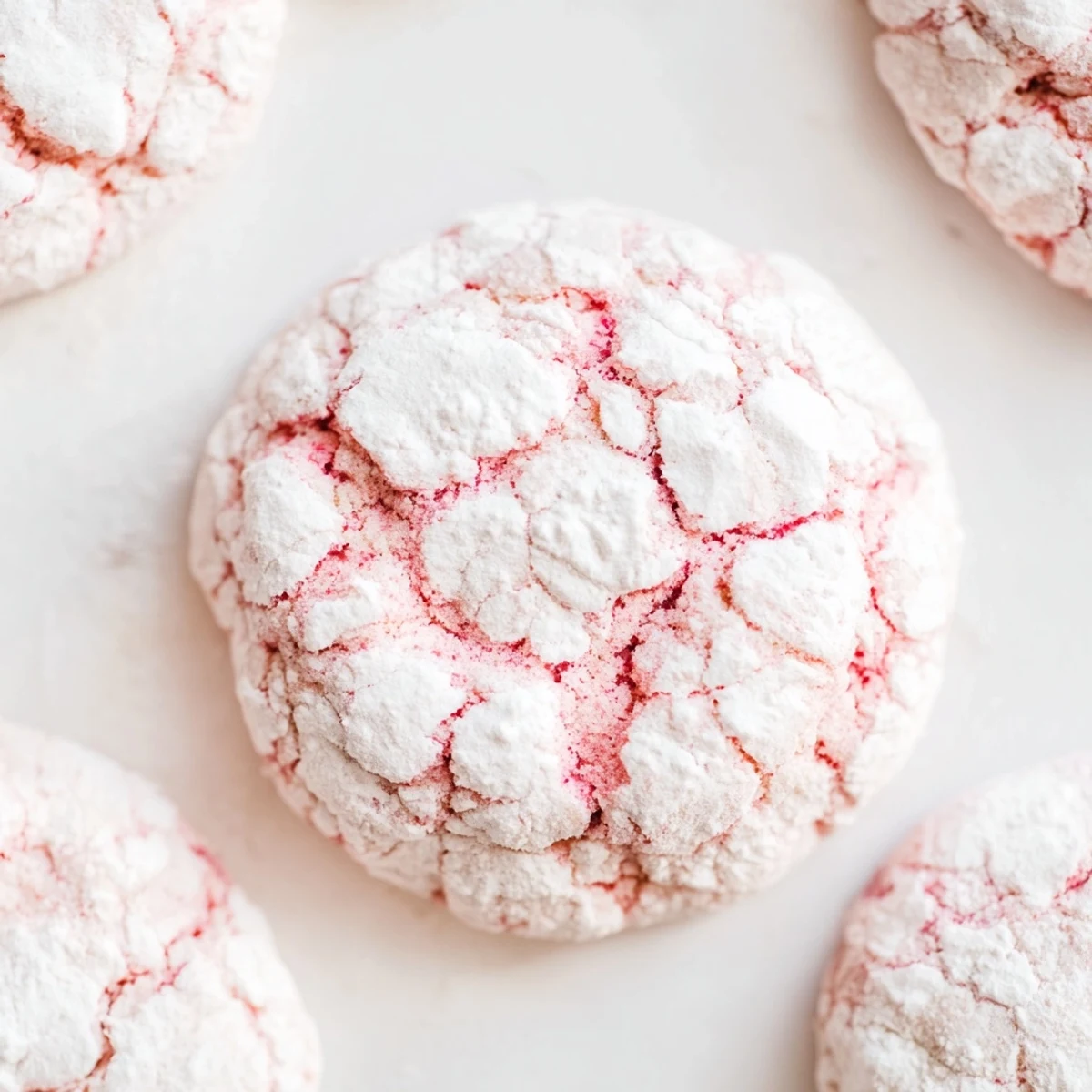 Easy 5 Ingredient Strawberry Crinkle Cookies stacked high, showing chewy texture and vibrant pink strawberry crinkles.