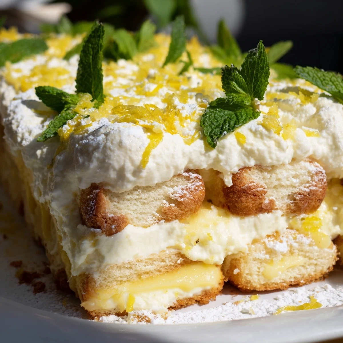 A vibrant Lemon Tiramisu dessert layered with creamy mascarpone and zesty citrus, perfect for a refreshing summer gathering.
