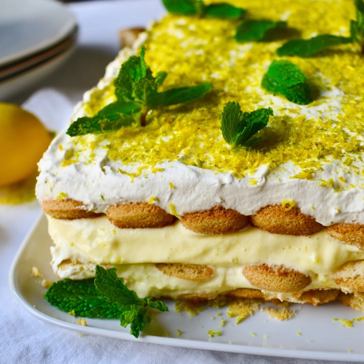 Sunlit Lemon Tiramisu showcases silky lemon cream and ladyfingers soaked in sweet syrup, ready to serve chilled.