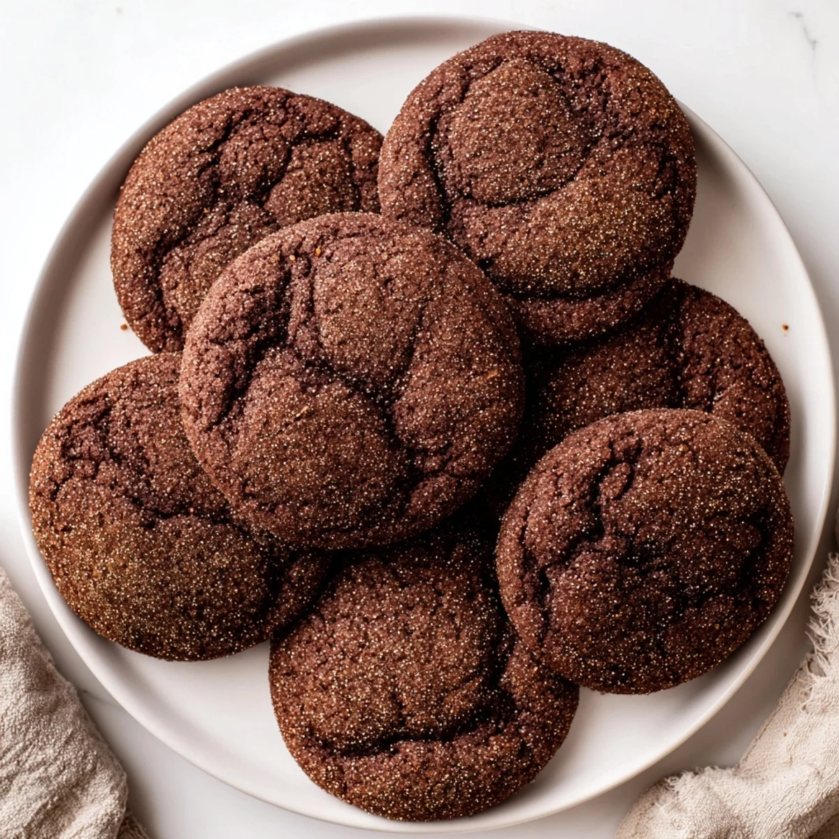 Plate of Chocolate Snickerdoodles enjoyed with a tall glass of cold milk on a rustic table.