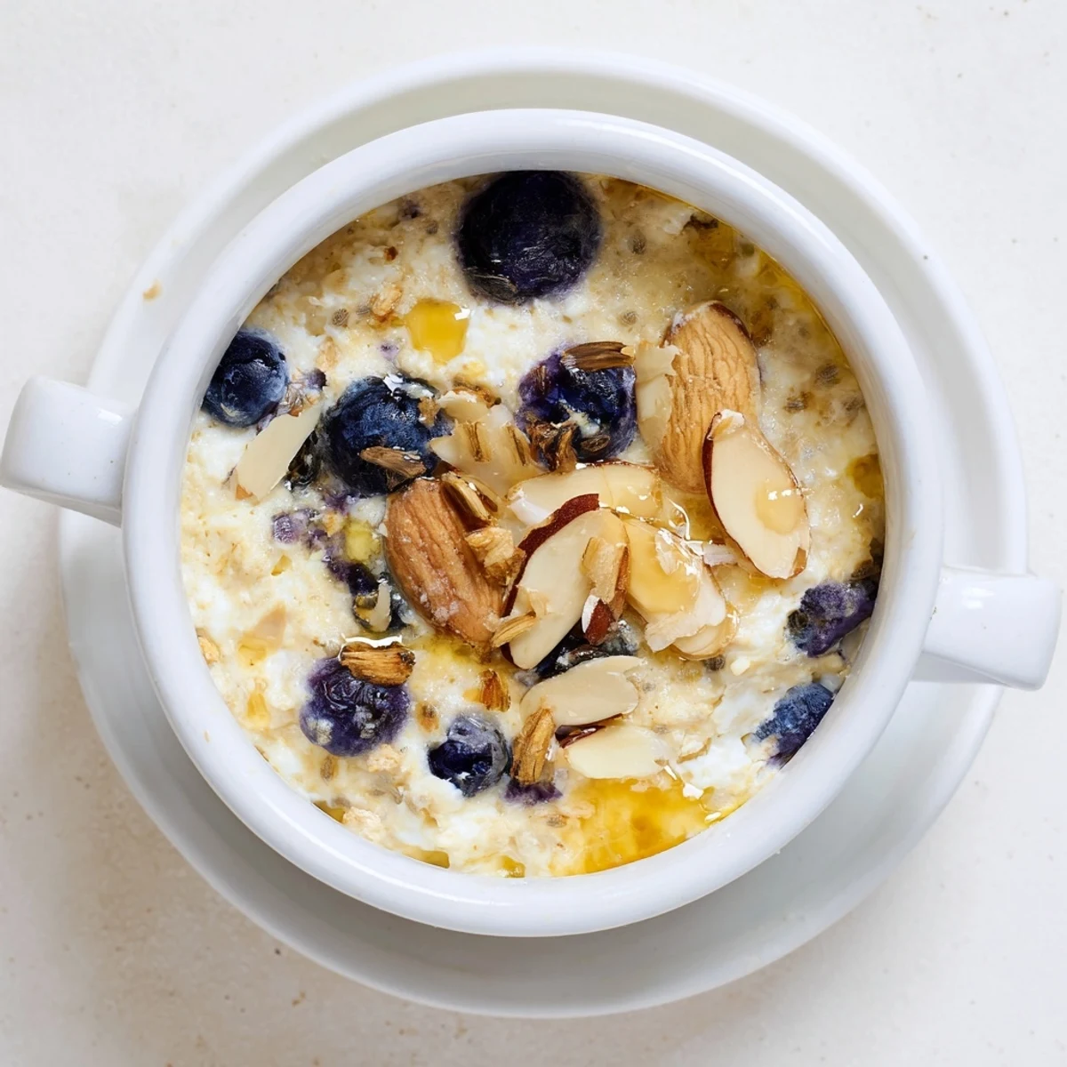 A warm spoonful of Baked Blueberry Cottage Cheese Breakfast Bowls revealing creamy cottage cheese and berries.