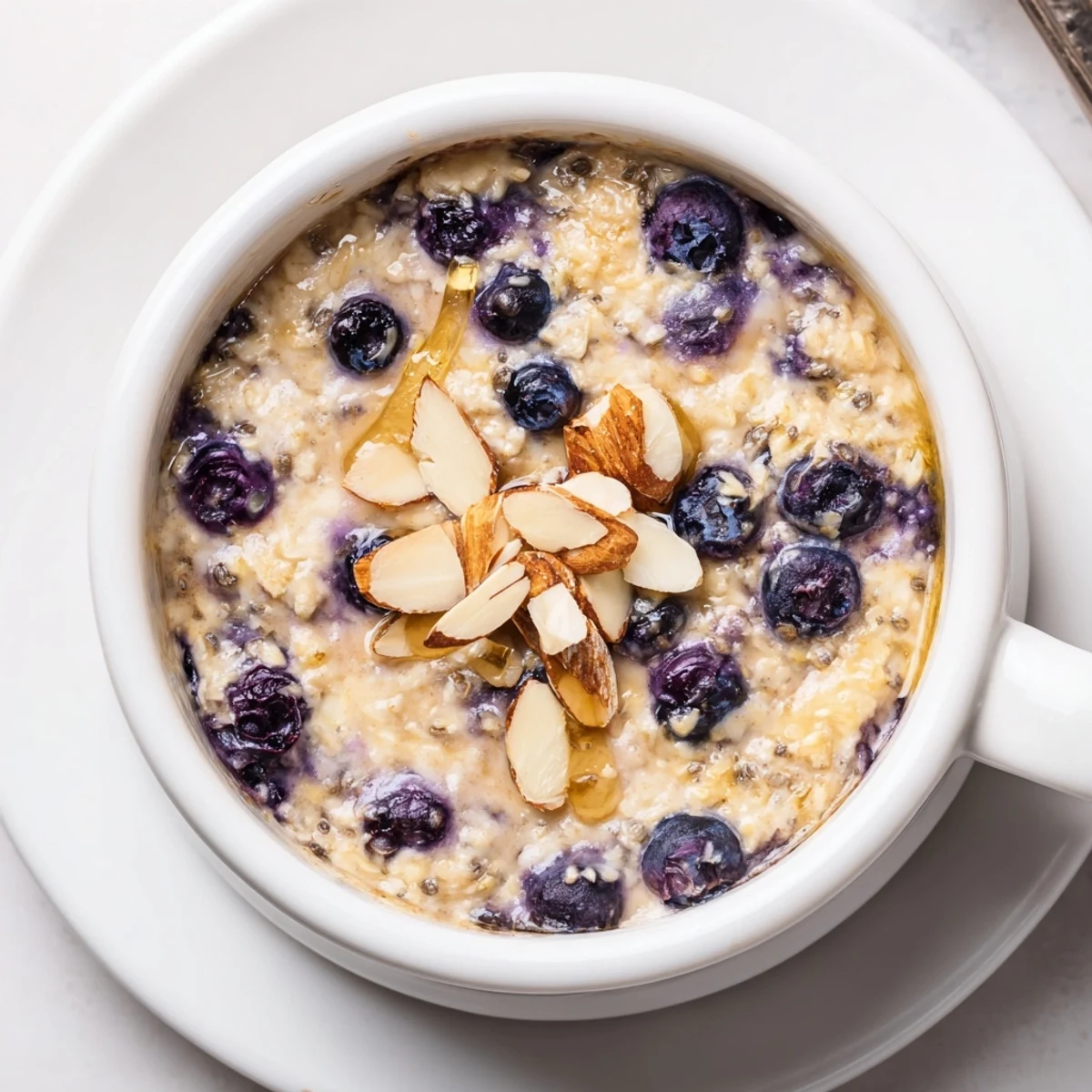 Served in ramekins, these Baked Blueberry Cottage Cheese Breakfast Bowls are drizzled with honey.