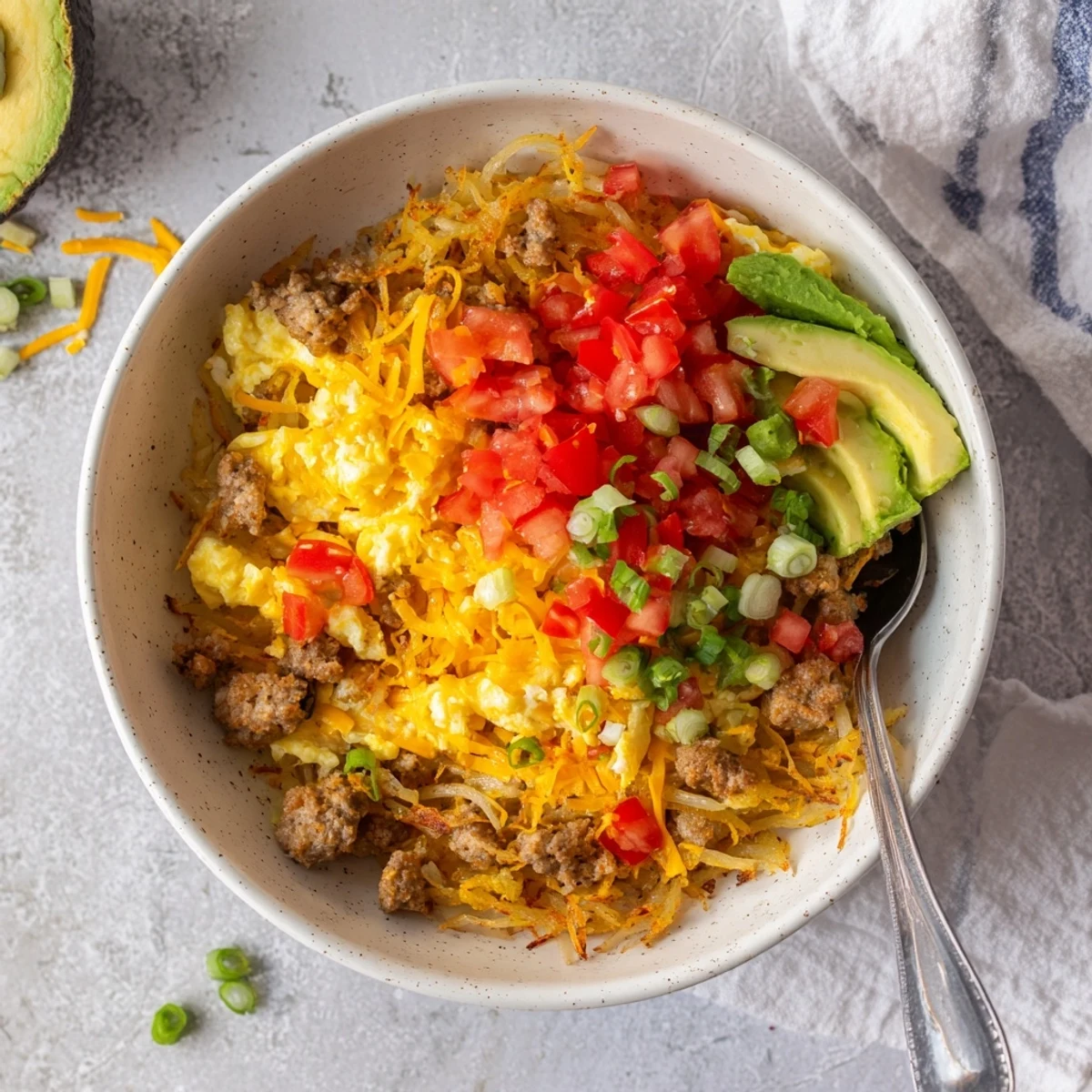 Hearty Hash Brown Breakfast Bowl served hot with melted cheddar cheese, diced tomatoes, and green onions for a colorful morning meal.