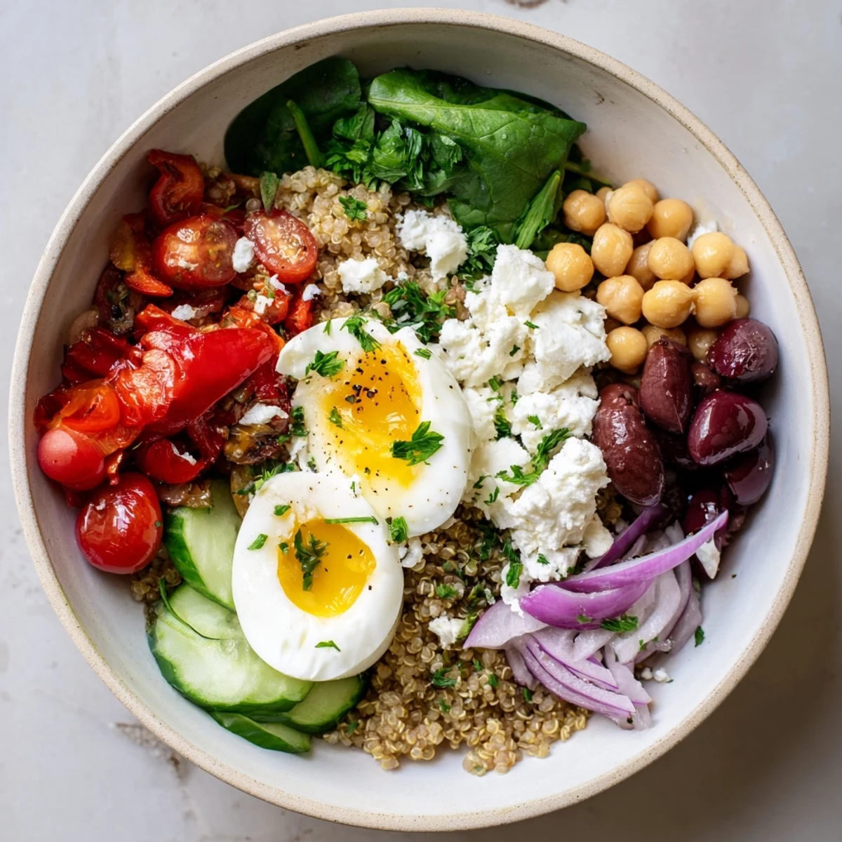 Bright quinoa and roasted red peppers make these High Protein Mediterranean Breakfast Bowls ready for a nourishing breakfast.
