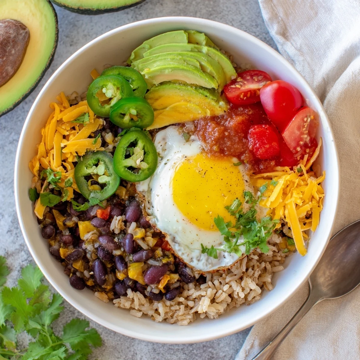 Golden yolks glisten over fluffy brown rice and black beans in a Tex Mex Inspired Breakfast Bowl, topped with fresh avocado slices and salsa.