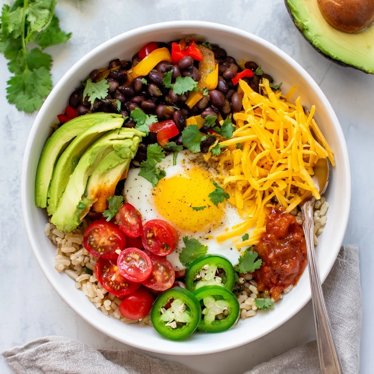 A Tex Mex Inspired Breakfast Bowl features zesty bell peppers, creamy avocado, and a sunny-side-up egg with cilantro and cheese toppings.
