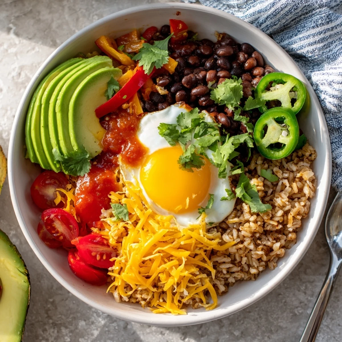 Packed with hearty black beans and rice, a Tex Mex Inspired Breakfast Bowl offers vibrant veggies and a dash of lime for serving.