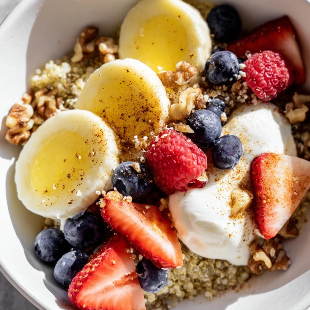 Creamy Greek yogurt and soft-boiled eggs top this energizing Dietitians Balanced Breakfast Bowl with fresh berries and quinoa.